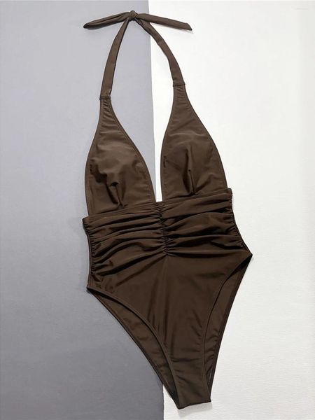 Swimwear de mujeres Sexy profundo V cabello arrugado de una pieza Swimsuit para mujeres Monokini alta pierna cortada bañera traje de baño K5538