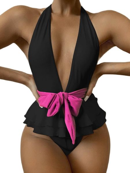 Maillots de bain pour femmes Sexy col en V profond volants maillot de bain une pièce femmes avec ceinture femme Monokini baigneur maillot de bain nager LadyWomen's