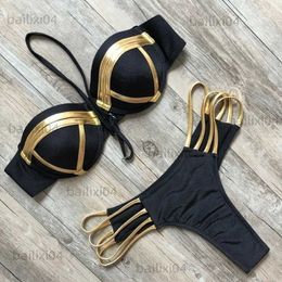 Dames badmode sexy extreme verbanden Bikini Set 2022 Mujer Nieuwe gouden zwart glanzende Braziliaanse push -up zwempak Women Gevotte Bandeau Swimwear Biquini T230417