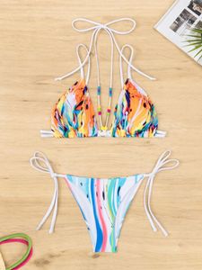 Maillots de bain pour femmes Sexy Fire Print Bikini Set 2024 Femmes Brésiliennes Halter Perles Strap Push Up Micro Maillot De Bain Maillot De Bain Cravate Côté String