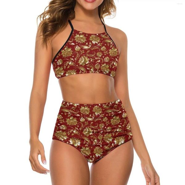 Swimwear pour femmes Sexy Floral Damask Bikini Set Gold and Red Trend Swimsuit High Taist surdimension