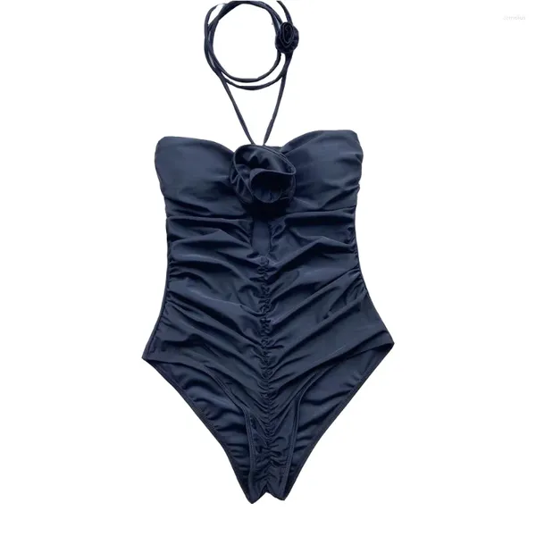 Swimwear de mujeres Halter de floración sexy Black Arrkled One Piece Swimsuit Traje de baño Hueco Hueco High Cut Bather Bodysuit Swim 2024