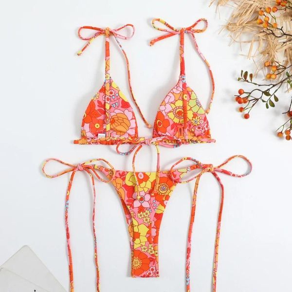 Maillots de bain pour femmes Sexy Flower Print Bikini 3 Femmes Maillot de bain Femme String Bikinis Ensemble Brésilien Halter Beach Wear Maillot de bain