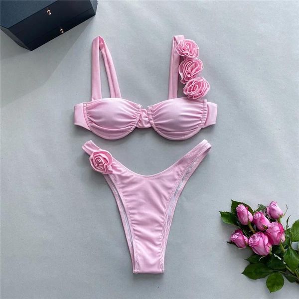 Traje de baño para mujer Sexy Flor Brillante Rosa Push Up Bikini 2024 Mujeres Traje de baño con aros Traje de baño de corte alto Traje de baño arrugado Bikinis Set Biquini