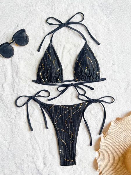 Swimwear pour femmes Sexy paillette noire Micro Mini Mini Halter Bikinis sets deux pièces 2024 Femmes Tong Tie à cravate de maillot de bain Biquini