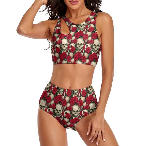 Swimwear pour femmes Sky Gothic Skulls Bikini Set Femmes Roses rouges Imprimé de maillot de bain élégant