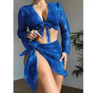 Dames Badmode Sexy Gradiënt Bikini Sets 4 stuks Mesh Cover Up En Rokken Strikje Badpak Hoge Taille Badpak Beachwear Biquini