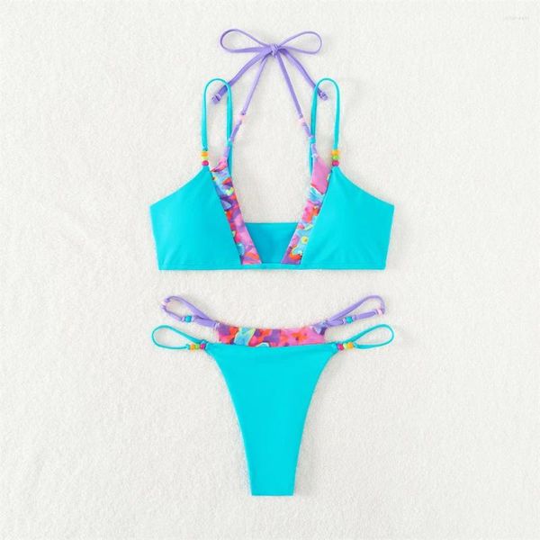 Swimwear pour femmes Bikinis à cordes licou sexy sets de maillot de bain Femme Deux pièces patchwork micro-thong 2024 y2k plage de baignade