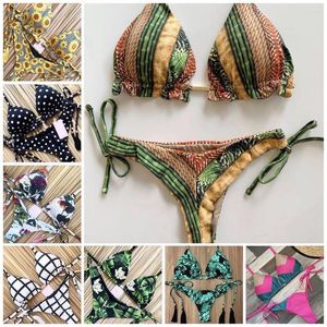 Bañador Sexy con cuello Halter para mujer, bañador Push Up 2023, Bikini brasileño con estampado de plantas tropicales, minibikinis con Tanga para mujer