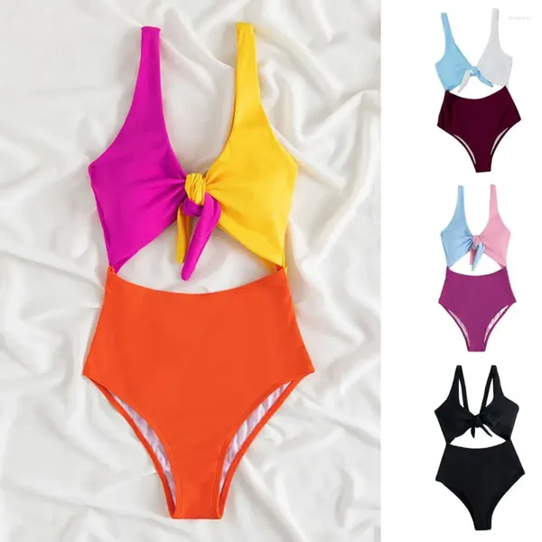 Maillots de bain pour femmes Sexy Halter Femmes Bikinis Mode One Piece Bikini Couleur Bloc Noué Femelle Dos Nu Taille Haute Monokini Beachwear