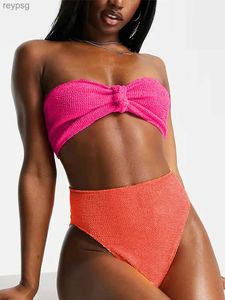 Dames Badmode Sexy Hoge Taille Bandeau Bikini Set Neon Crinkle Badpak Dames Strapless Knoop 2022 Badpak Tweedelige Strand Zomer YQ240112