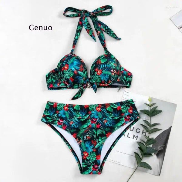 Traje de baño para mujer, Bikini Sexy de cintura alta, traje de baño con cuello Halter, traje de baño con volantes para mujer, bañadores con estampado Floral Retro 2024