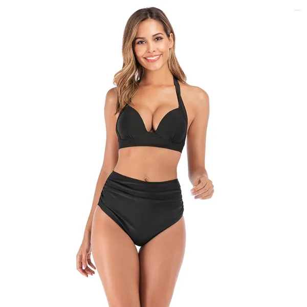 Maillots de bain pour femmes Sexy Taille Haute Bikini Ensemble Deux Pièces Femmes Maillot De Bain Noir Push Up Plus Taille Bikinis Solide Halter Maillot De Bain 3XL