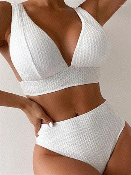 Maillots de bain pour femmes Sexy Creux Out Taille Haute Bikini 2024 Femmes Solide Blanc Col V Push Up Deux Pièces Maillot De Bain Plage Maillot De Bain Dos Nu