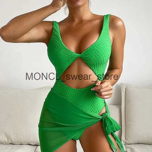 Traje de baño para mujer Sexy Hollow Out Mujeres Sólido Negro Verde Hot Pink Tummy Control One Piece Traje de baño 2024 Playa Traje de baño Falda BikinisH24222