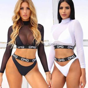 Maillots de bain pour femmes Sexy Hot Black Lace Mesh Gaze Bikini Set Thr Pieces Femmes Maillots De Bain Col Haut Lettre Bandage Maillot De Bain Long Slve Maillot De Bain T240328