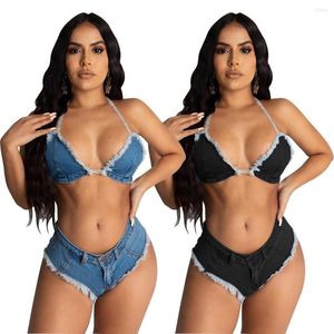 Maillot de bain femme Sexy Jean Maillot de bain Femme 2 pièces Ensemble Tassel Denim Halter Cordon Soutien-gorge Mini Short Femme Party Club Bikini Suit