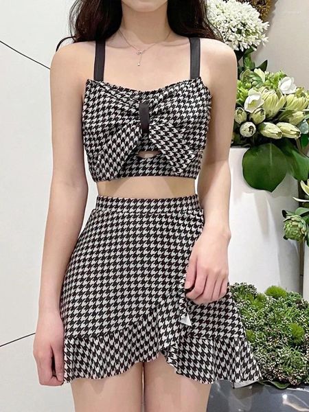 Swimwaies pour femmes Sexy Korean Fashion Conservative Bow Swimsuit Two Pieces Houndstooth Top Top avec des ébauches Bikinis Bikinis rembourrés