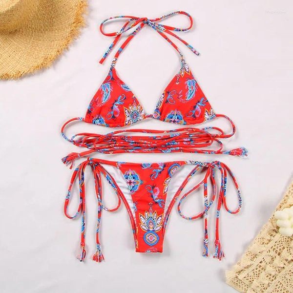 Swimwear Women's Sexy Ladies Flower Imprime à imprimé Band Bandage Laçage de soutien-gorge Bra Bikini de baignade de bain de bain Femme de bain Swimsuit 2 Pieces Set