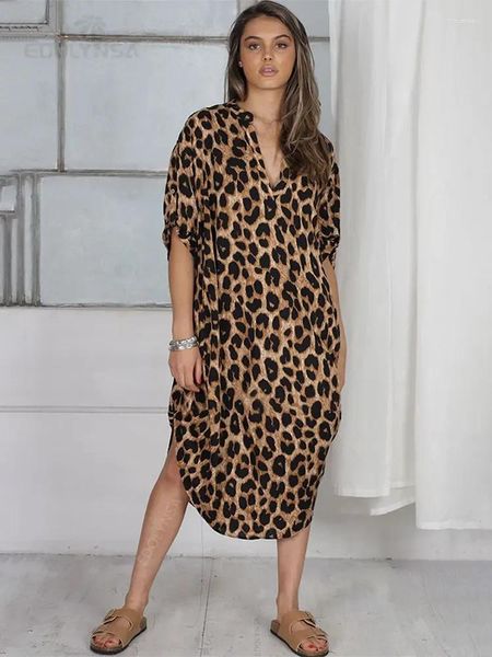 Traje de baño para mujer Leopardo sexy Tallas grandes Caftán Casual Manga enrollable Camisa de protección solar Ropa de mujer Ropa de playa Traje de baño Vestido de casa