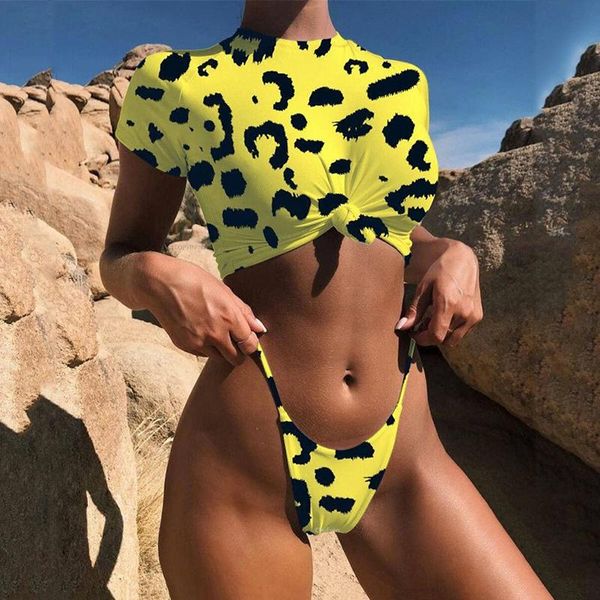 Maillots de bain pour femmes Sexy imprimé léopard maillot de bain femmes été jaune à manches courtes Push Up correspondant 2 pièces Bikini ensemble 2023 maillots de bain