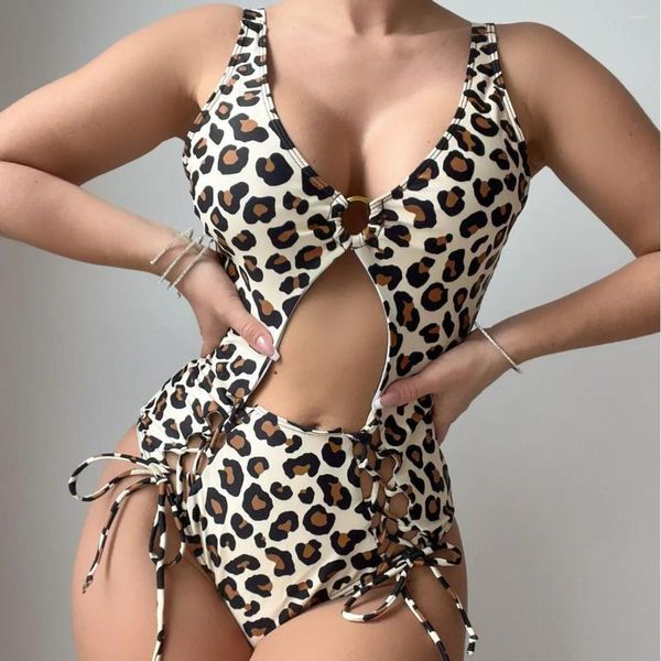 Maillots de bain pour femmes Sexy imprimé léopard une pièce maillot de bain pour femmes taille haute creux cordon bikini monokini 2024 col en V dos nu