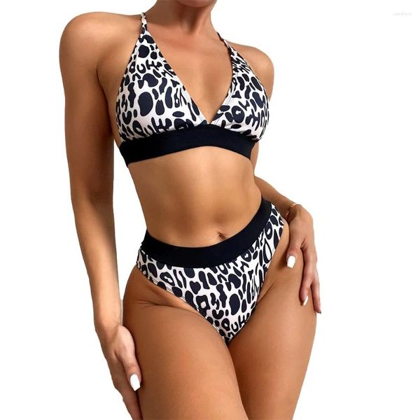 Traje de baño para mujer Sexy Leopard Print Traje de baño Mujeres 2023 Cintura alta Dos piezas Bikini Triángulo Copa V-cuello Suspender Traje de baño Verano