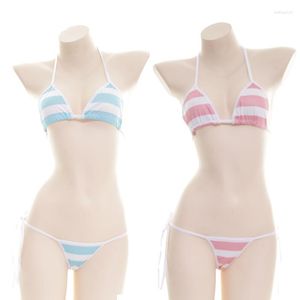 Traje de baño para mujer, lencería Sexy, Kawaii Azul, traje a rayas blancas, Cosplay de Anime, disfraces eróticos, sujetador, conjunto de ropa interior para mujer, Bikini