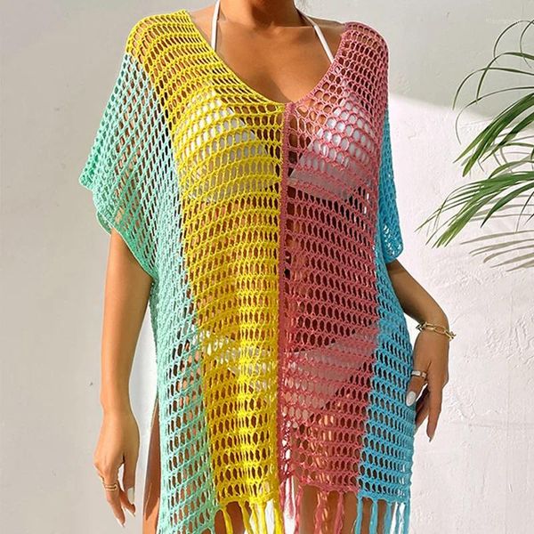 Maillots de bain pour femmes Sexy Mesh Hollow Beach Cover Ups pour femmes Col V Épissage Transparent Cover-Up Bohème Kaftan Femme Robe Tuniques