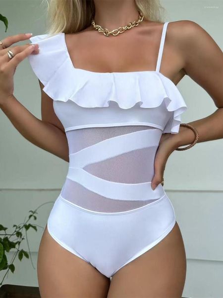 Traje de baño de mujer Sexy de malla de retazos con volantes para mujer traje de baño de una pieza con cuello en V profundo de corte alto traje de baño para mujer Monokini ropa de playa