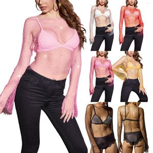 Traje de baño para mujer Sexy Mesh Rhinestones Bikini Cover Ups para mujeres Color sólido Cuello redondo Manga larga Transparente Playa Camisetas Crop Tops