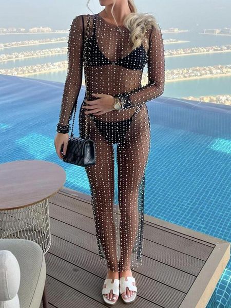 Traje de baño de mujer Sexy de malla transparente para mujer Bikini cubrir vestido de manga larga con decoración de perlas ropa de playa de verano para mujer