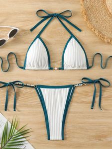 Swimwear pour femmes Micro Bikini 2024 Femmes Blanc Contraste Perle Tie côté Sweet Matteur Brésilien Coupure de plage Biquini