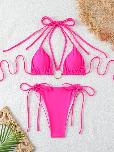 Swimwear pour femmes Micro Bikini 2024 Femmes Anneau en métal rose lié Push up Swimsuit Summer Bathing Costume Tie côté string Biquini