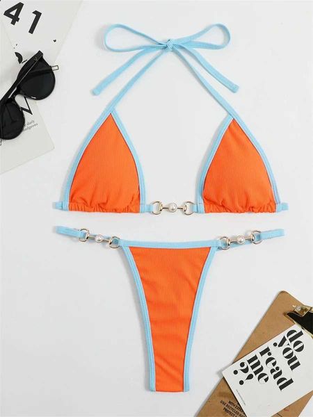 Swimwear pour femmes Micro Bikini 2024 Femmes Push Up Pearl Designer Triangle Swimsuit Brazilian Orange Patchwork Bathwing Fssuile Biquini Y240429