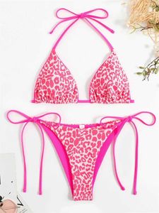 Dames badmode sexy mini bikini 2024 dames roze luipaard print neon licht dubbelzijds push omhoog zwemkleding