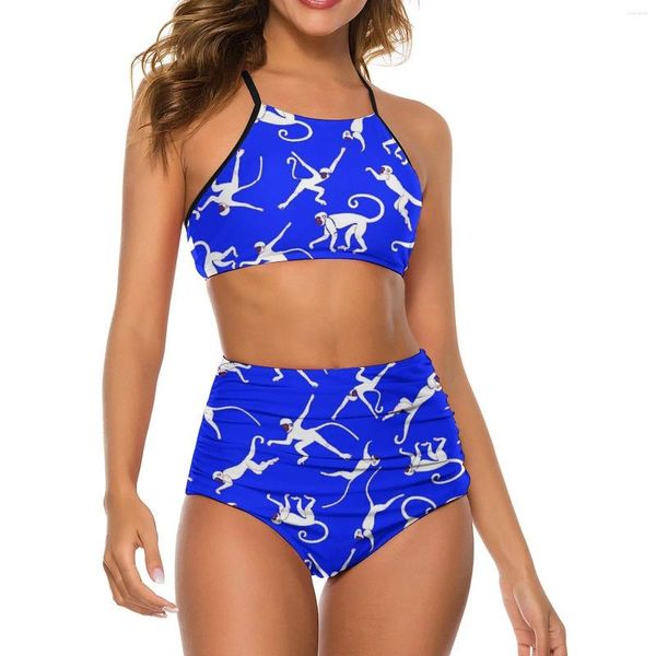 Maillots de bain pour femmes Sexy Monkey Print Bikini Set Bleu et Blanc Maillot de bain élégant taille haute Rave Oversize Maillot de bain