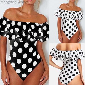 Dames Badmode Sexy Off Shoulder Eendelig Badpak Dots Print Badmode Vrouwen Ruffle Monokini Plus Size S-4XL Zwempak Open Rug Badpak T230606