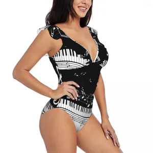 Swimwwear Women Sexy One Piece Swimsuit Push Up Abstract Piano Keys With Notes Femmes Ruffle Monokini Bodys Costume