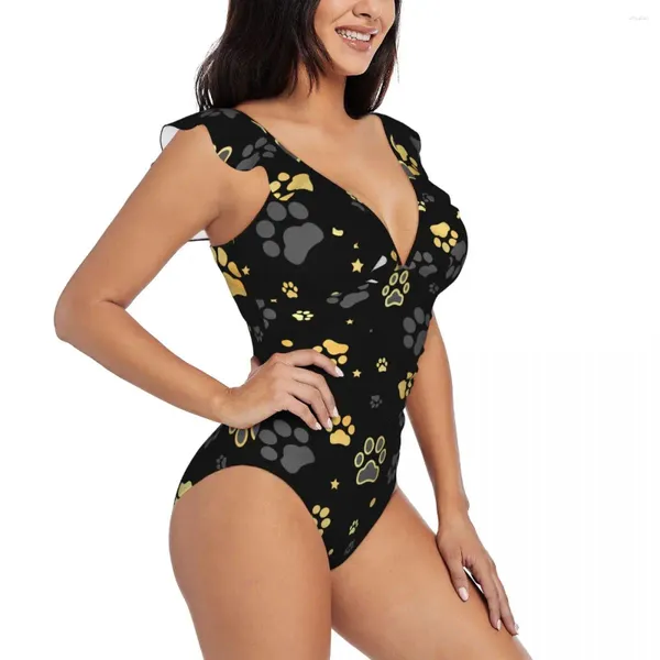 Swimwwear pour femmes Sexy un morceau de maillot de bain Push Up Gold Dog Imprime et Star Femmes Ruffle Monokini Bodys Costume