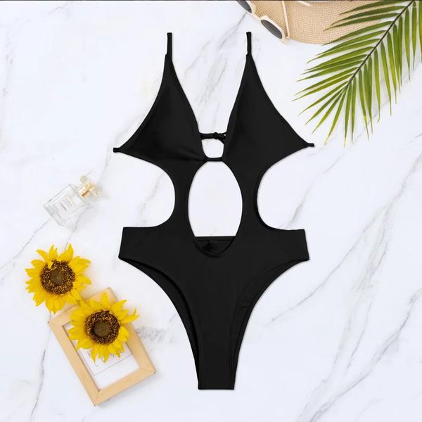 Traje de baño para mujer Sexy One Piece Traje de baño Mujeres 2024 Hueco Out Thong Bikini Sólido Negro Blanco Sin respaldo Baño Traje de baño Ropa de playa