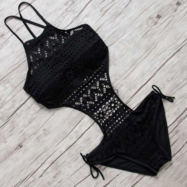 Maillot de bain femme sexy une pièce maillot de bain dos nu licou plage maillots de bain crochet bikini maillot de bain 2021 noir maillot de bain pour les femmes J230603