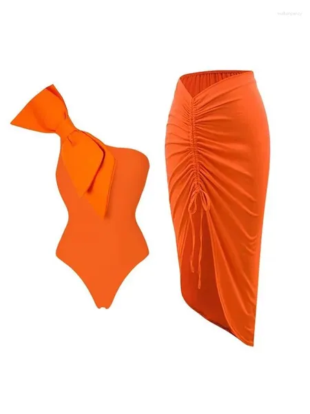 Traje de baño para mujer Sexy Un hombro Pieza sólida Mujeres 2023 Naranja Bikini de cintura alta sin respaldo Traje de playa ajustado con falda de cubierta