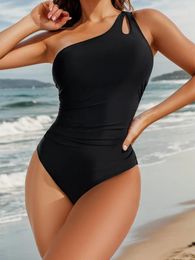 Dames badmode sexy een schouderzwempak vrouwen zwarte hol uit pleate buikcontrole stuk 2024 strand badpak monokini
