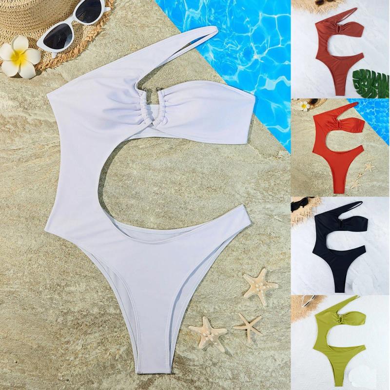 Kvinnors badkläder sexig en axel baddräkt i ett stycke fast färgutskärning monokini Push Up Bikini Beachwear 2024 Baddräkt