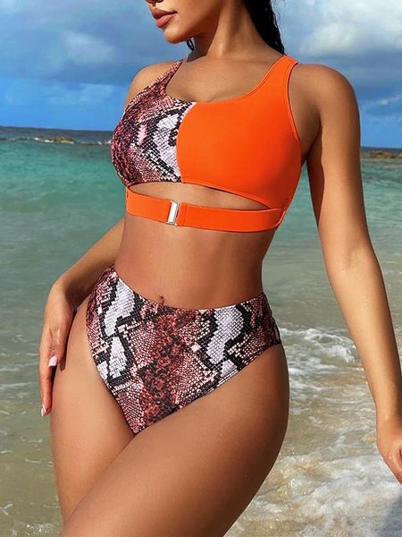 Swimwear Women's Sexy Orange Snake Imprimer Color Block Bikinis Sets Deux pièces Push Up High Wiston Swimsuits Femmes