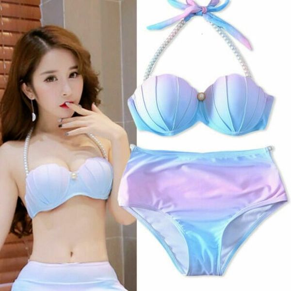 Traje de baño de mujer Sexy Pearl Sling Bikini Traje Gradiente Mermaid Shell Bra Traje de baño con cojín Push Up Sea Speed Dry 230313