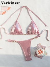 Traje de baño de mujeres perlas sexy pus faux cuero halter bikini traje de baño femenino dos piezas