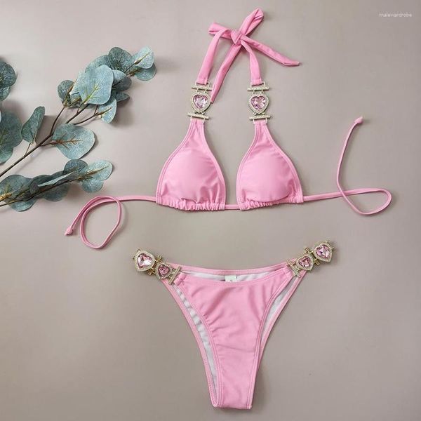 Maillots de bain pour femmes Sexy Pink Bikini Set Love Diamond Chain Bandage Maillot de bain Femmes 2023 Beach Tenues Maillot de bain