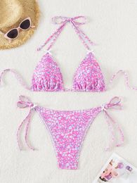 Swimwear pour femmes Sexy Pink Floral Print Bikini Set 2024 Femmes Push Up Bra Butterfly Tie Side Sweet Swimsuit Brazilian Bathing mail Micro